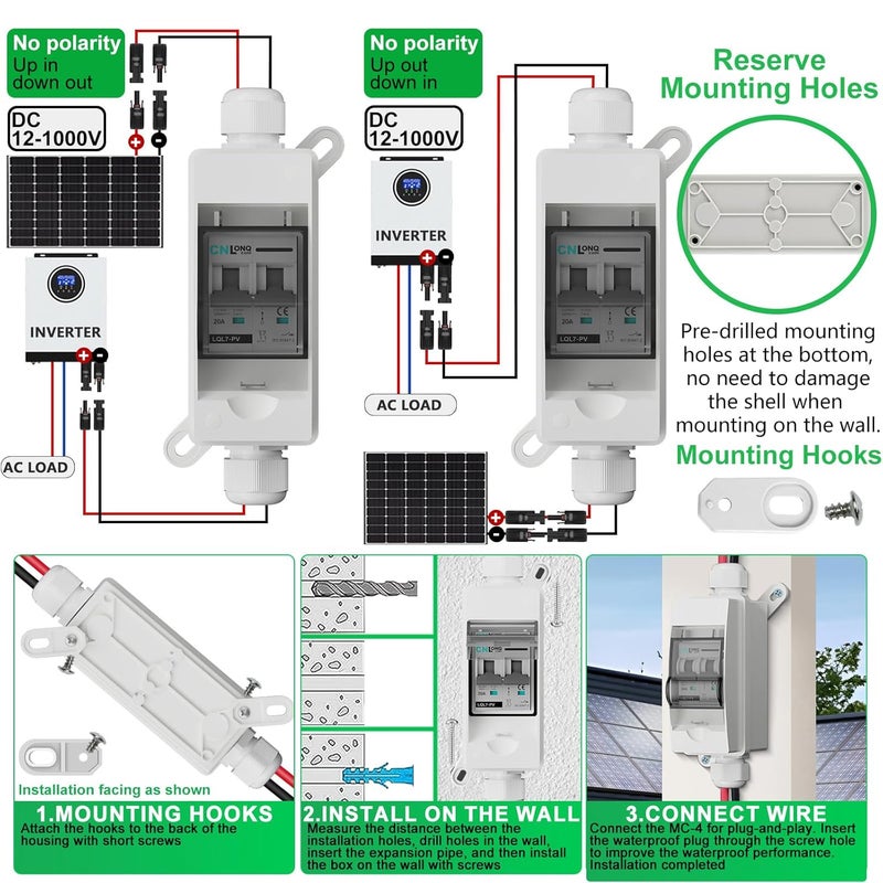 CNLonQcom مفتاح فصل الطاقة الشمسية 20A DC1000V قاطع الدائرة 2P مع موصل PV وصندوق قاطع صغير IP65 وخطافات حائط لنظام الطاقة الشمسية الخارجي، البطارية، MCB مجموعة الطاقة الشمسية - Image 4